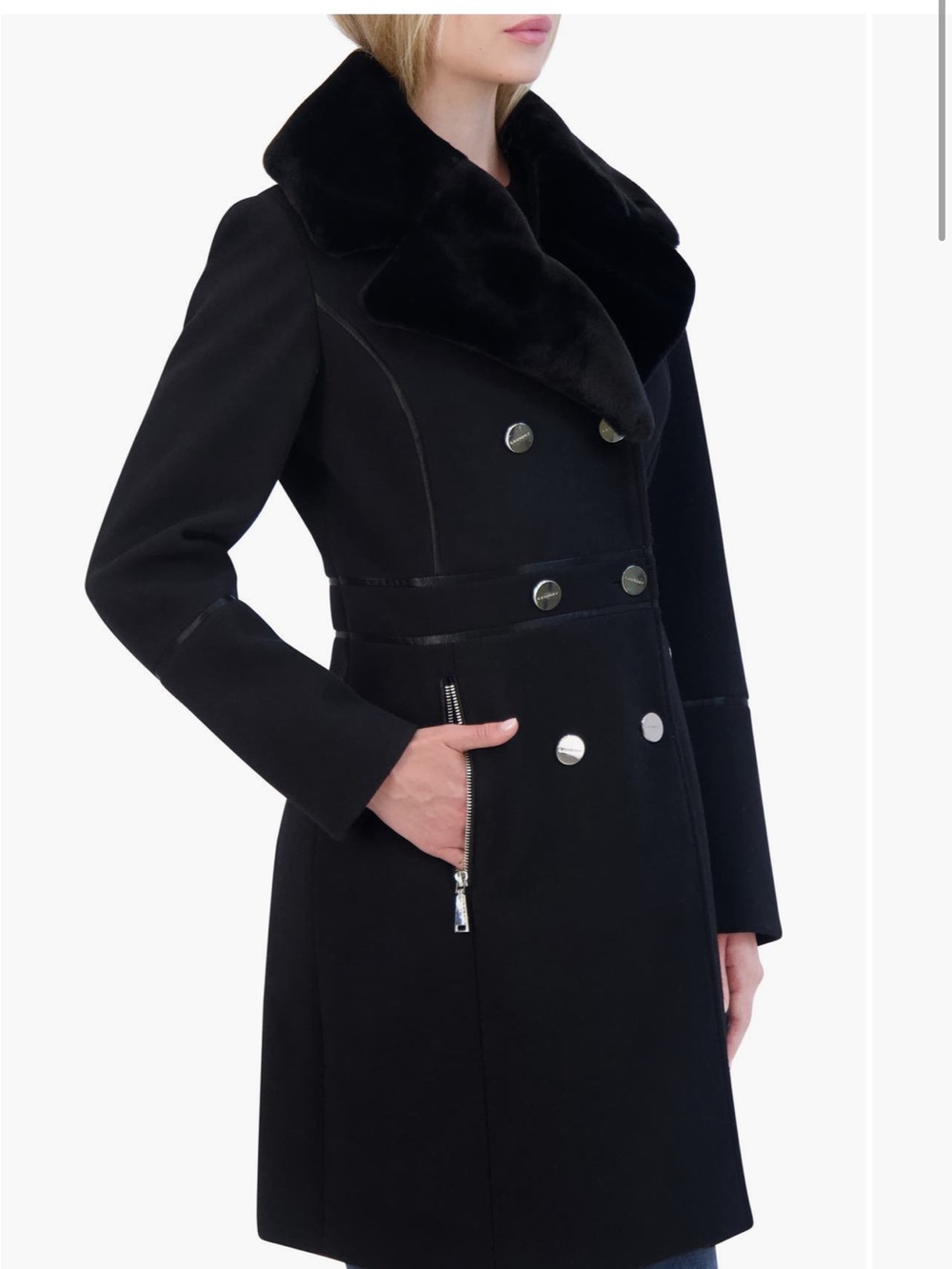 Laundry By Shelli Segal Black Double-Breasted Wool Pea Coat with Faux Fur Collar
